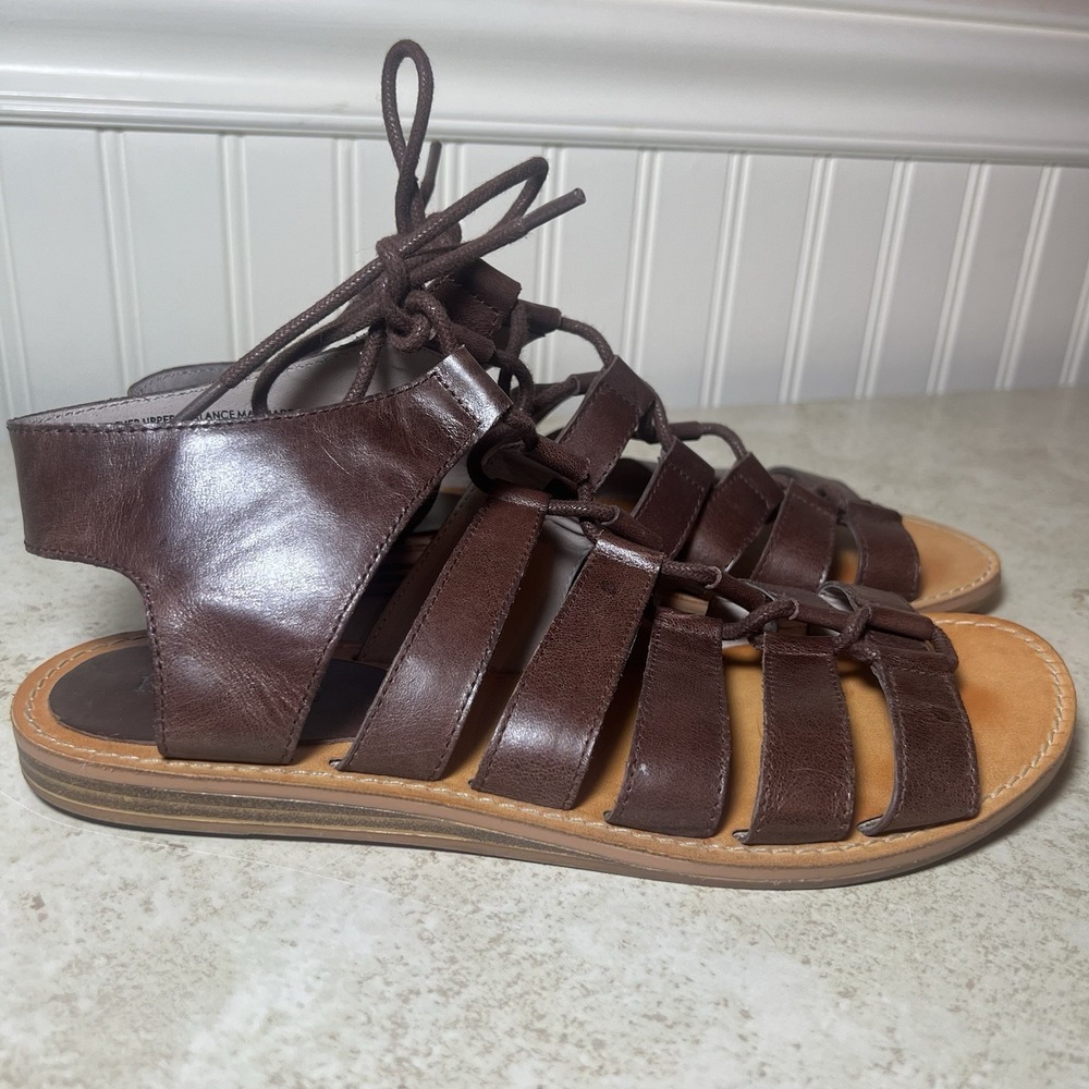 Hinge‎ Brown Leather Gladiator Lace-Up Flat Sandals Size 6.5M | Boho Chic Summer